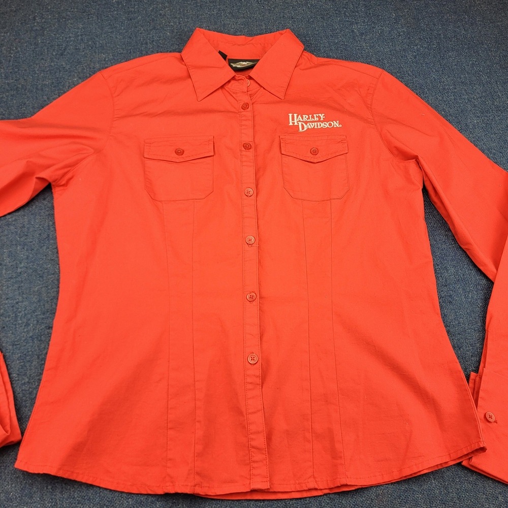 Harley-Davidson Womens Red Embroidered Button Down Shirt Large Long Sleeve